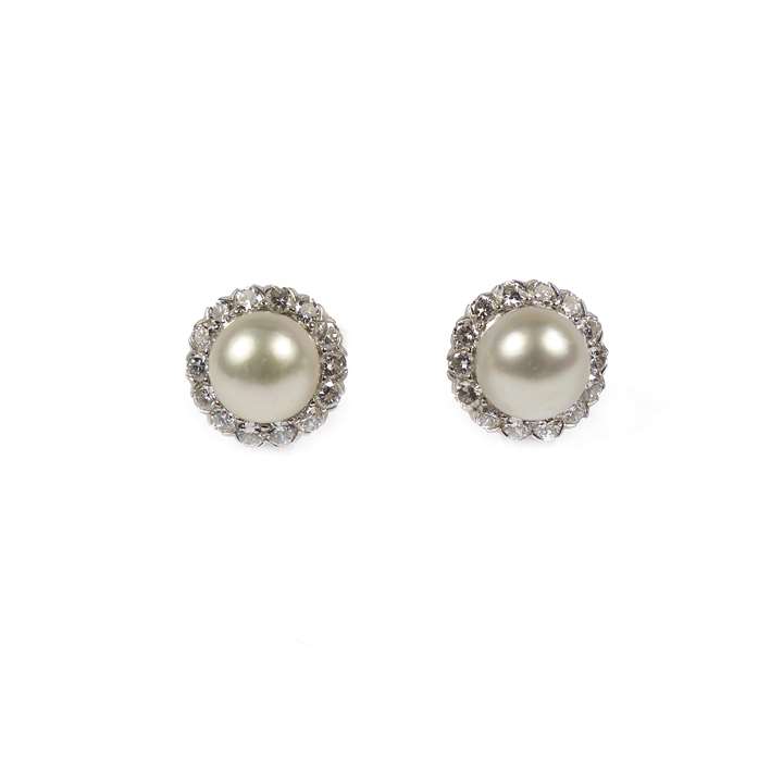 Pair of pearl and diamond cluster stud earrings